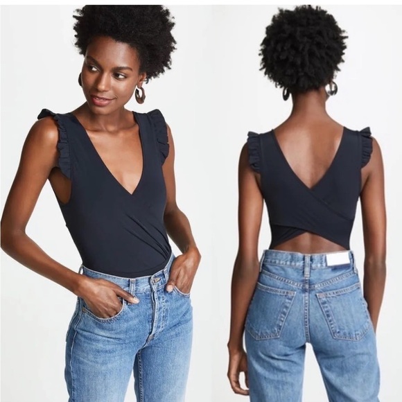 Amanda Uprichard Webster Ruffle Sleeve Cut Out Back Bodysuit Black Size S - Picture 1 of 11